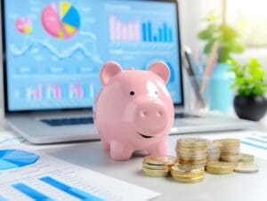 Laptop on table with pink piggy bank and coins in front of it. 